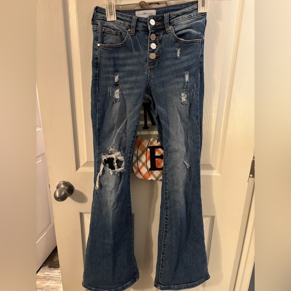 Trendy Blue Flare Jeans with Distressed Details